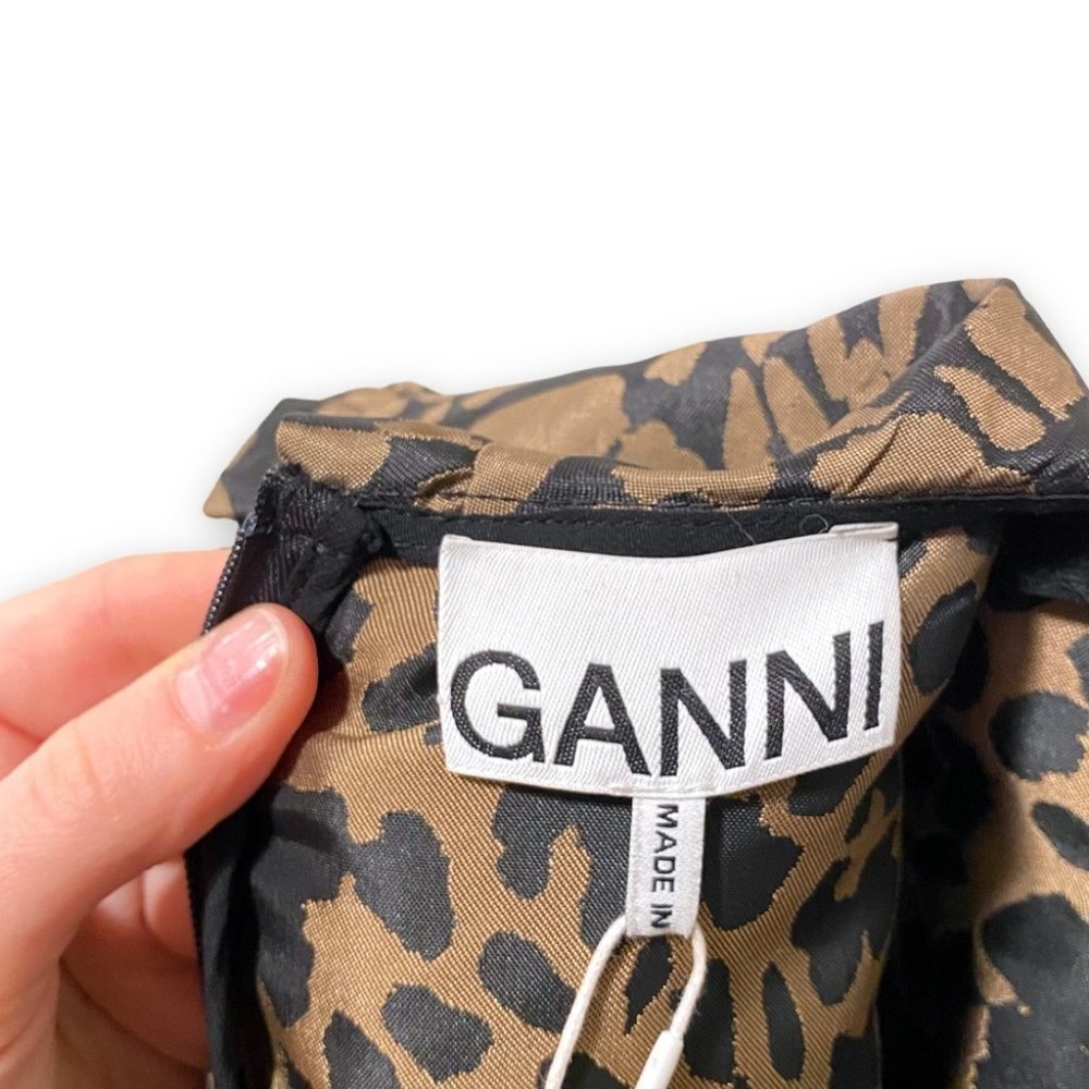 NWT Ganni Jacquard Puff Sleeve Leopard Animal Print Satin Mini Dress Size 2 - Picture 6 of 8